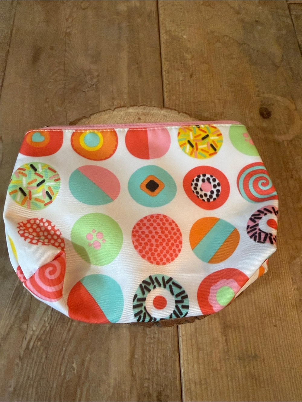 Clinique White Cosmetic Pouch with Pink, Mint & Orange Donut Dots